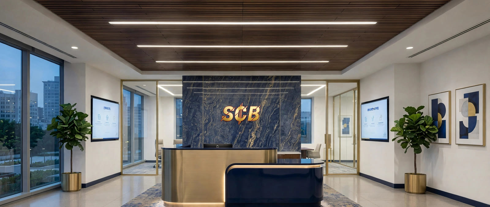 Second Chance Blueprint office lobby with the gold SCB logo on a marble wall